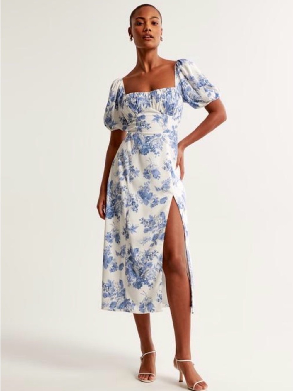 Abercrombie & Fitch Blue Floral Print Puff Sleeve Midi Dress
